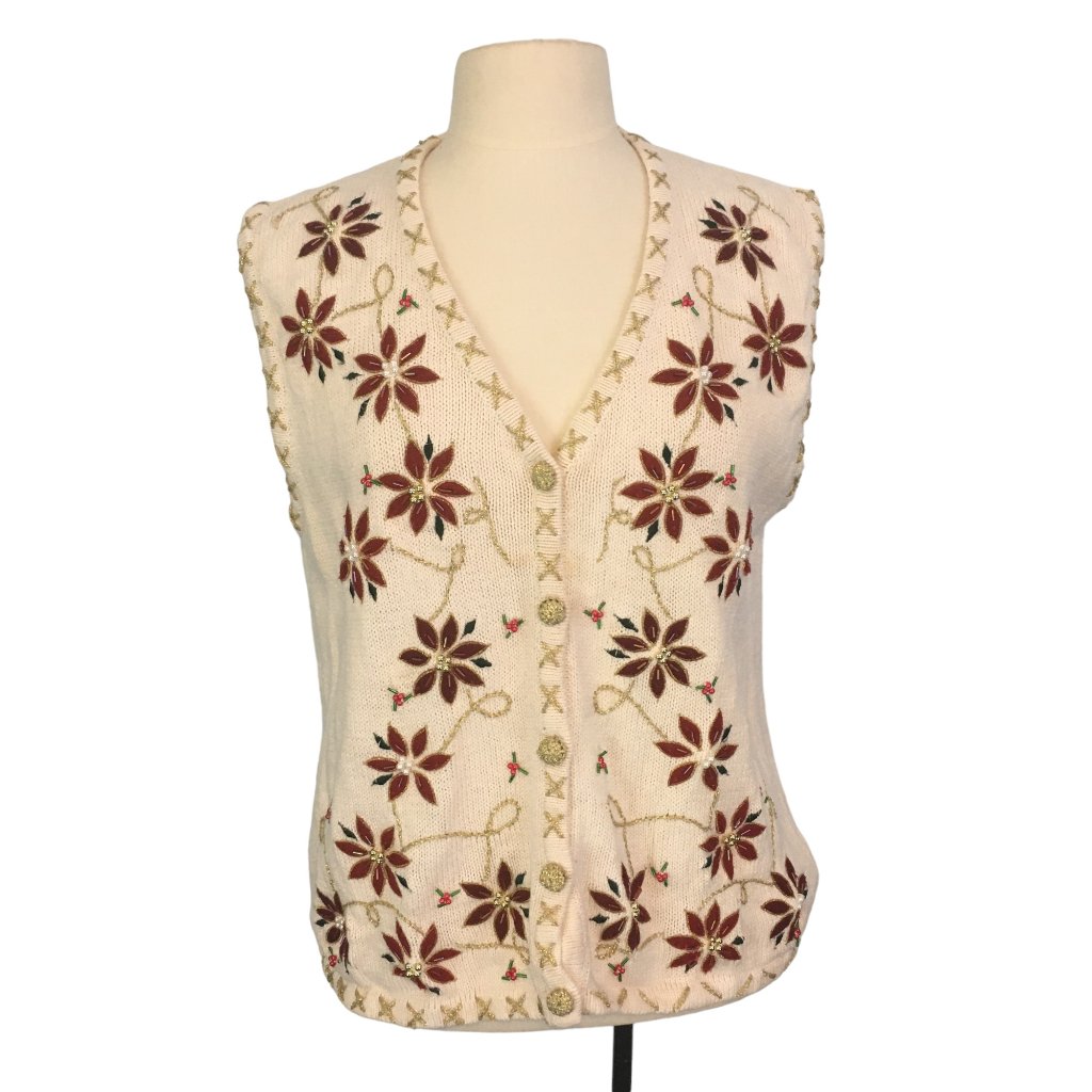 Bobbie Brooke Ugly Christmas Sweater Vest, Cream White, Red Poinsettias, Gold M